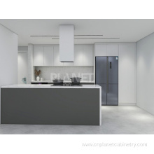 Trendy minimalist modern grey and white kitchen cabinets